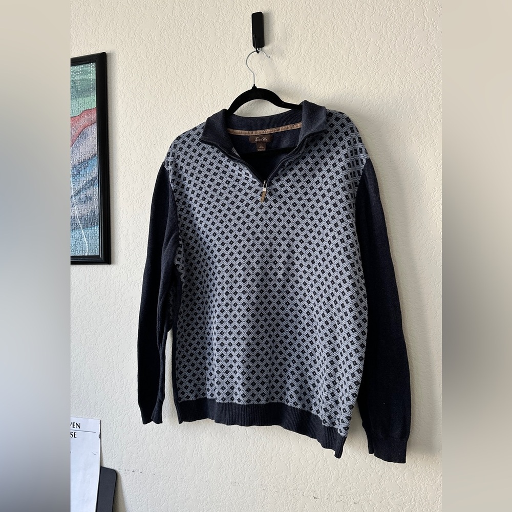 TASSO ELBA Quarter Zip Pullover Sweater Mens L Navy Gray Geometric Diamond Knit